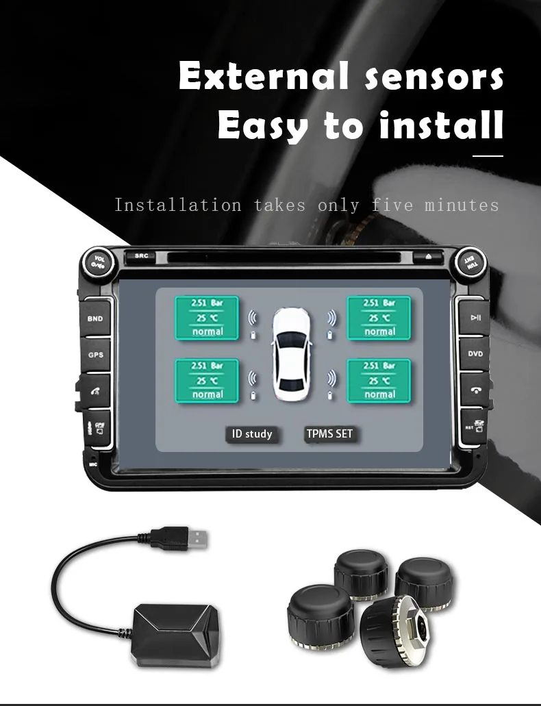 USB intelligent Built-in External Sensors Tire Pressure Monitoring System TPMS Match for All Android Car Navigation Display