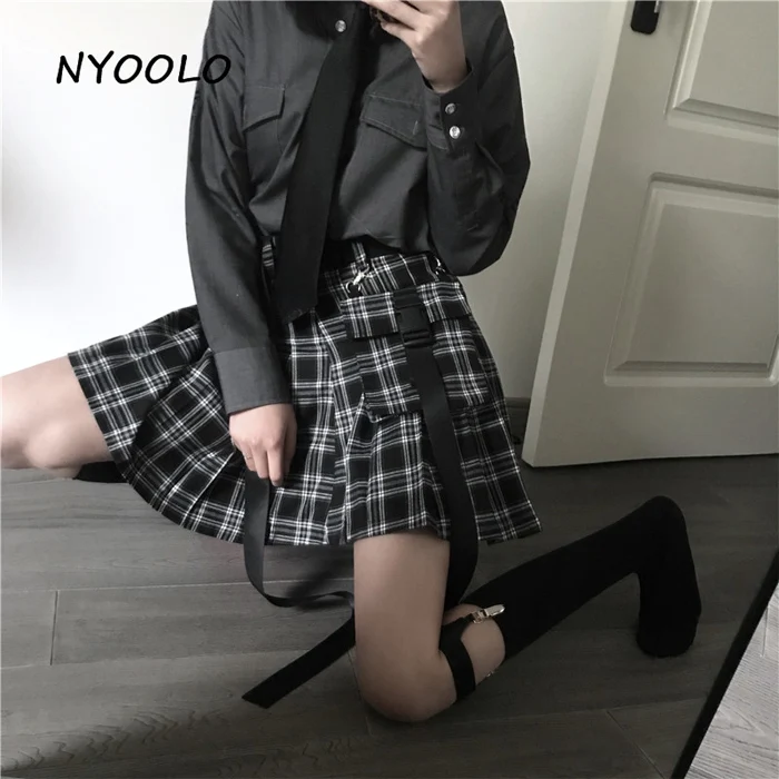 NYOOLO, летняя клетчатая юбка с высокой талией, высокая уличная элегантность, тонкая трапециевидная мини плиссированная юбка, Женская рабочая форма, уличная одежда