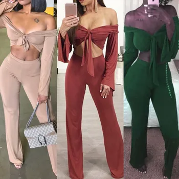 

2019 Off Shoulder Bandage Women Sets Bowknot Long Sleeve Crop Tops And Bodycon Flare Pants 2 Piece Sets Womens Outfits