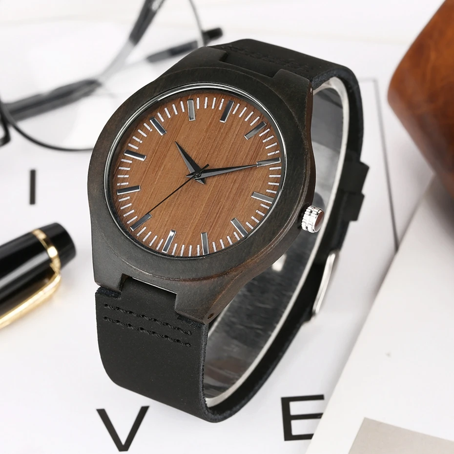 Unique Letter C Shape Luxury Green Marble Dial Men s Watch Genuine Leather Wooden Watches Quartz 3