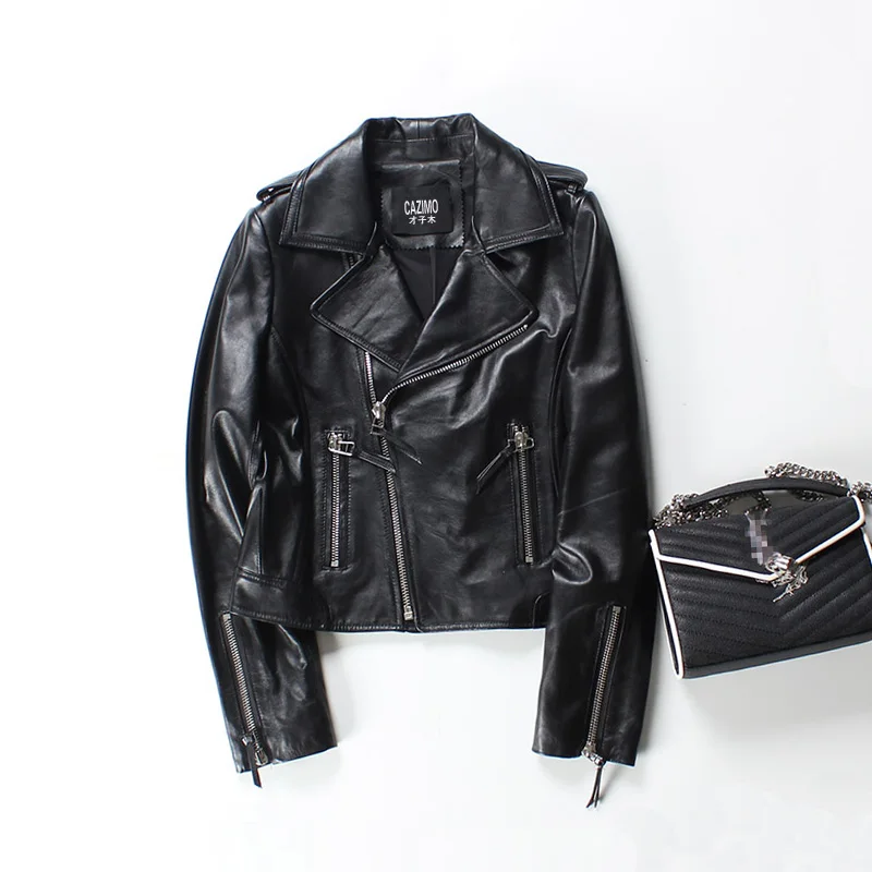 2018 Spring Genuine Leather Jacket for Women Pink Black Zipper Moto Sheepskin Vintage Basic Jacket Women Winter Coat Streetwear