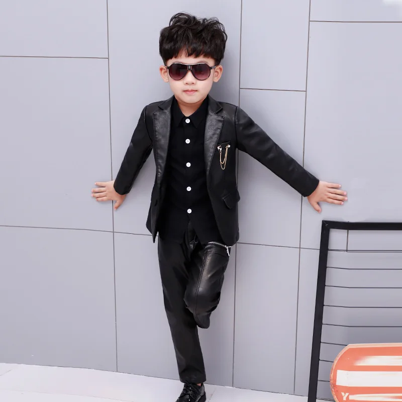Новые детские блейзеры, куртки крутые кожаные школьные костюмы для мальчиков Высококачественные мягкие детские костюмы в стиле панк черного цвета - Цвет: Черный