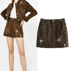 Осень Для женщин Высокая талия Leopard отверстие джинсовая юбка Мини Сексуальная мешок хип Женская юбка Повседневное Тонкий Империя Все