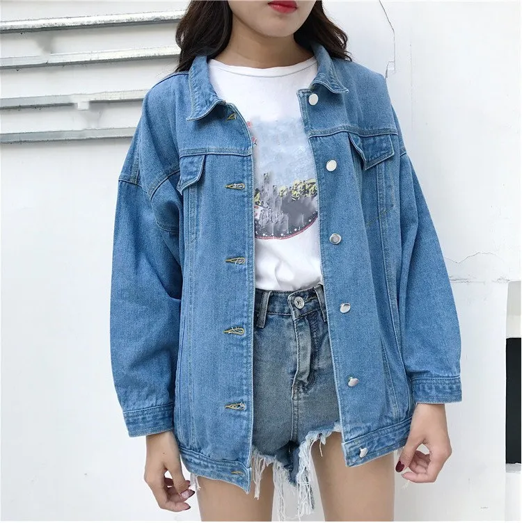 

Spring Autumn Bomber Streetwear Jacket Women Long Sleeve Denim Short Outerwear Pockets Casual Loose Single Breasted Jean Coat