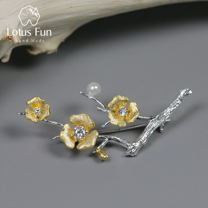 

Lotus Fun 925 Sterling Silver Broches Vintage Brooch for Women Shell Pearl Crystal Flower Brooch Pin Fashion Rhinestone Jewelry