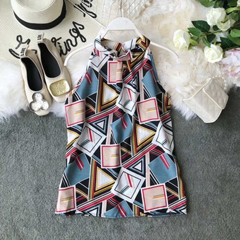 

2019 summer new chiffon women t-shirts printed floral sleeveless elegant office lady tops outwear