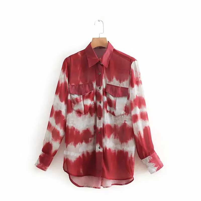 

2019 new women tie dye print casual chiffon blouse female long sleeve pockets business femininas shirts chic chemise tops LS3202