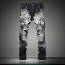 New Arrival Winter Black Mens Jeans Lion Printed Biker Jeans Fashion Designer Denim Overalls Mens Straight