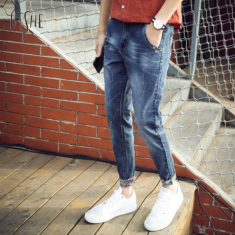 

Bishe 2017 Men'S Denim Overalls Ankle Length Pants Scratched Jeans Men Famous Brand Mens Printed Jeans With Bottoms 28-38