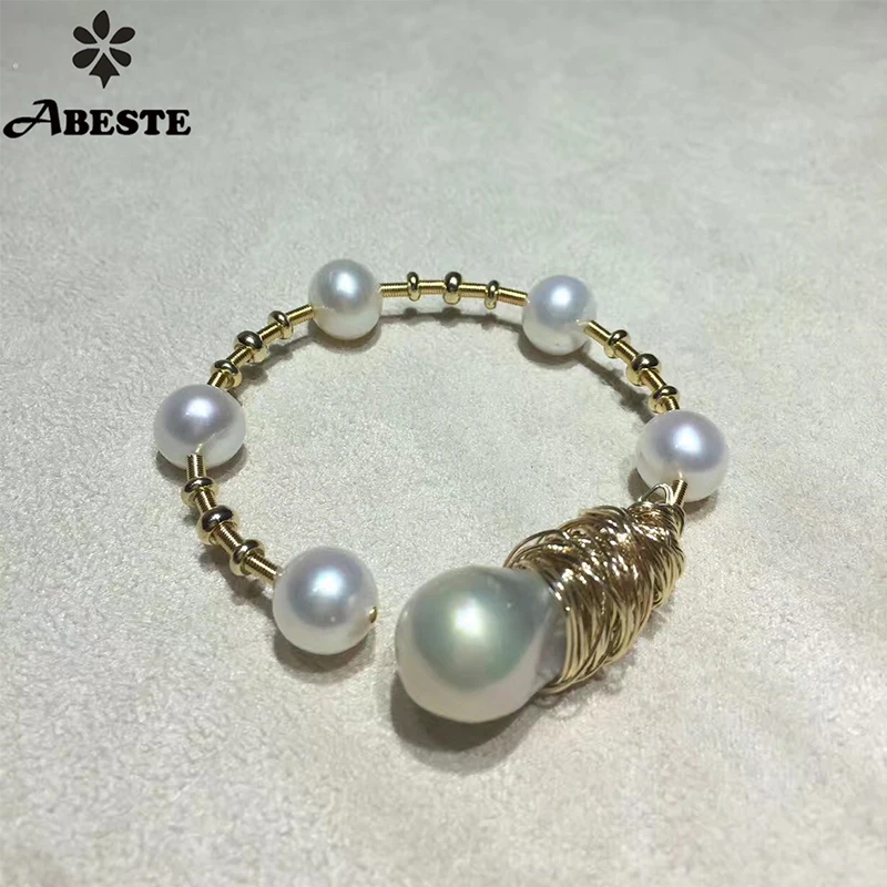 

ANI 14K Roll Yellow Gold Pearl Bangle Natural Baroque Shaped Pearl Jewelry Fashion Freshwater White Pearl Bracelet for Women