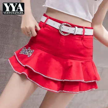 

Spring New Brand High Waist Sexy Mini Denim Skirts Women Qualities Ruffle Mermaid Letter Diamonds Fashion Sashes Female Skirts