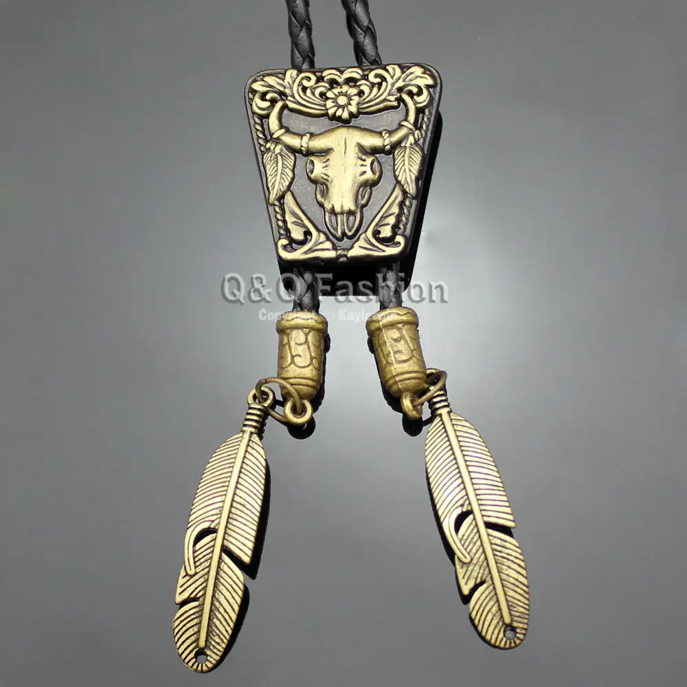 

Brand New Vintage Gold Bronze Texas Bull Buffalo Longhorn Skull Leather Rodeo Western Bola Bolo Neck Tie Special
