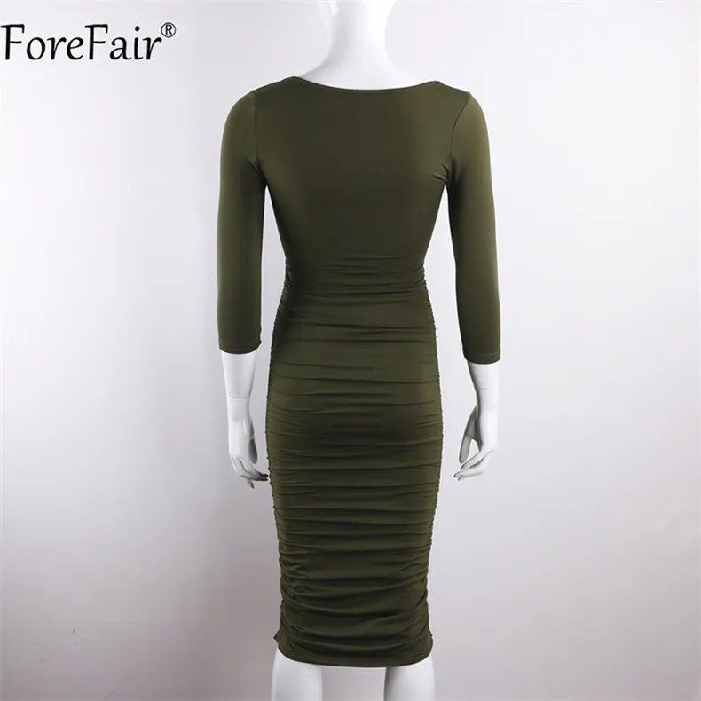 ForeFair, 3/4 рукав, Осеннее сексуальное платье с рюшами, женские вечерние платья с v-образным вырезом, зимнее женское облегающее платье миди размера плюс