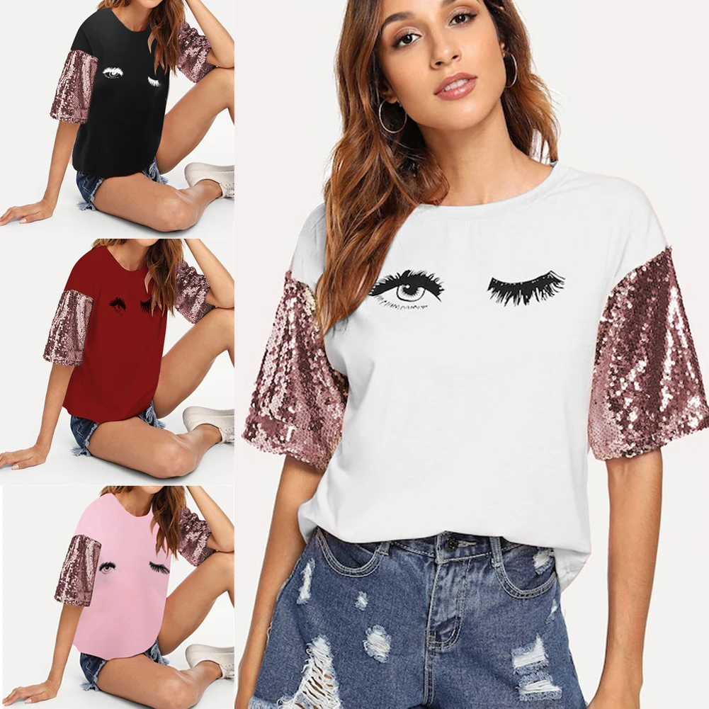 

New Creative Women Summer Tops Sequined Loose Casual Short Sleeve T-Shirt Eye Tee