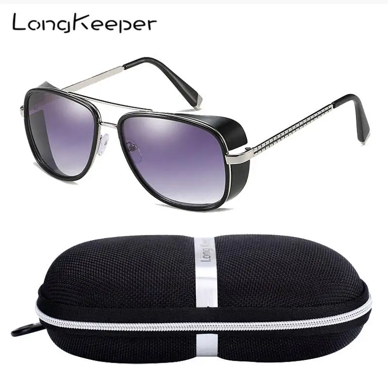 

LongKeeper Iron Man TONY Stark Sunglasses Men Retro Side Shiled Sun glasses Oculos Masculino Gafas de sol with Case Box UV400