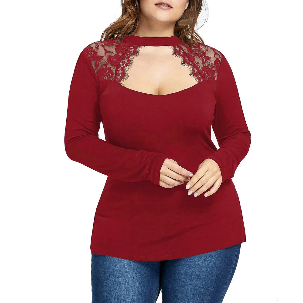 

CHAMSGEND Fashion Women's Long Sleeve Solid Plus Size Lace Casual Blouse Loose Tops Drop Shipping 3M17*