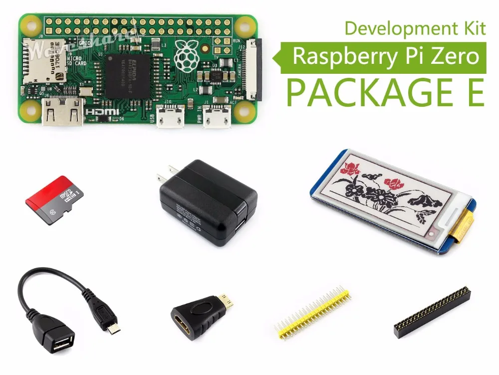 

Parts Raspberry Pi Zero Package E Basic Development Kit Micro SD Card, Power Adapter, 2.13inch e-Paper HAT, and Basic Components