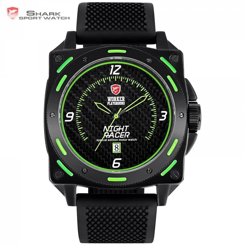 

Night Racer SHARK Sport Watch Top Brand Date Green Square Case Rubber Strap Band Quartz Men's Male Fashion Watches + Gift /SH604