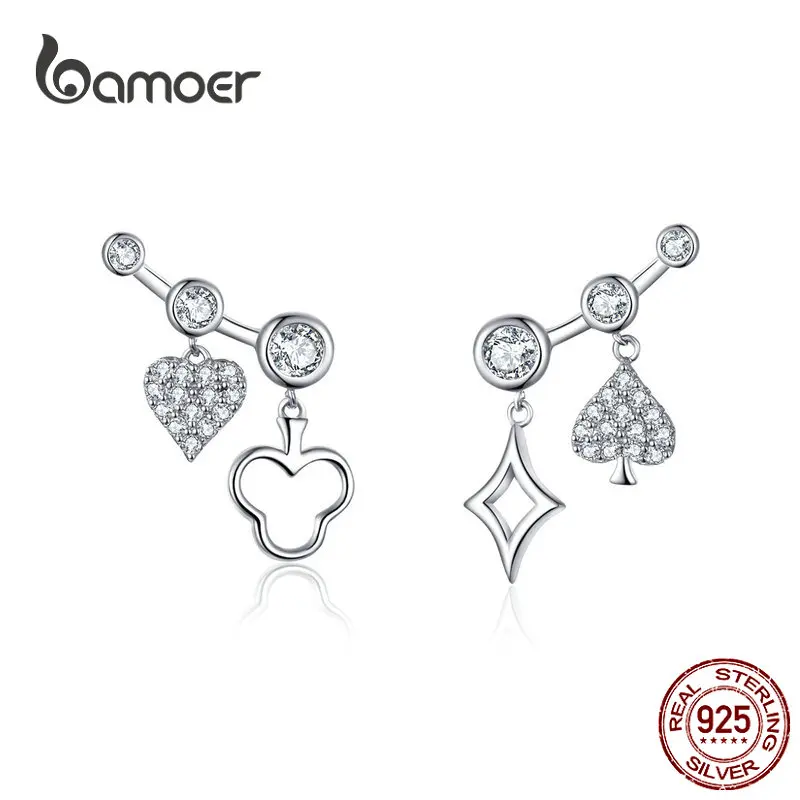 Bamoer Poker Card серьги-гвоздики с рисунком подлинный 925 пробы Серебряный AAA кубический цирконий длинные шпильки Свадебные ювелирные изделия BSE145