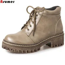 ASUMER/Новинка года; женские ботинки; сезон осень-зима женские ботинки на шнуровке с круглым носком ботильоны на квадратном каблуке; цвет черный, хаки большие размеры 33-44