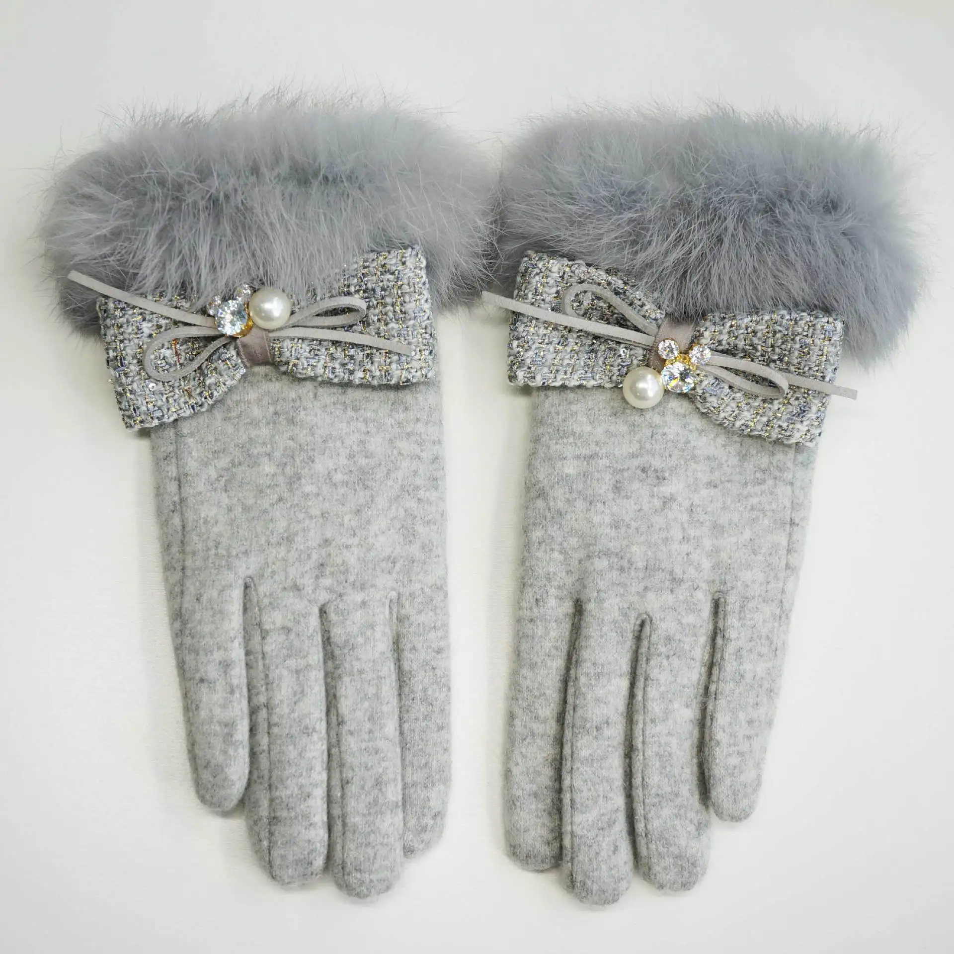 MSD020 New Fashion Genuine Rabbit Fur Gloves Bow Knot Wool Cashmere