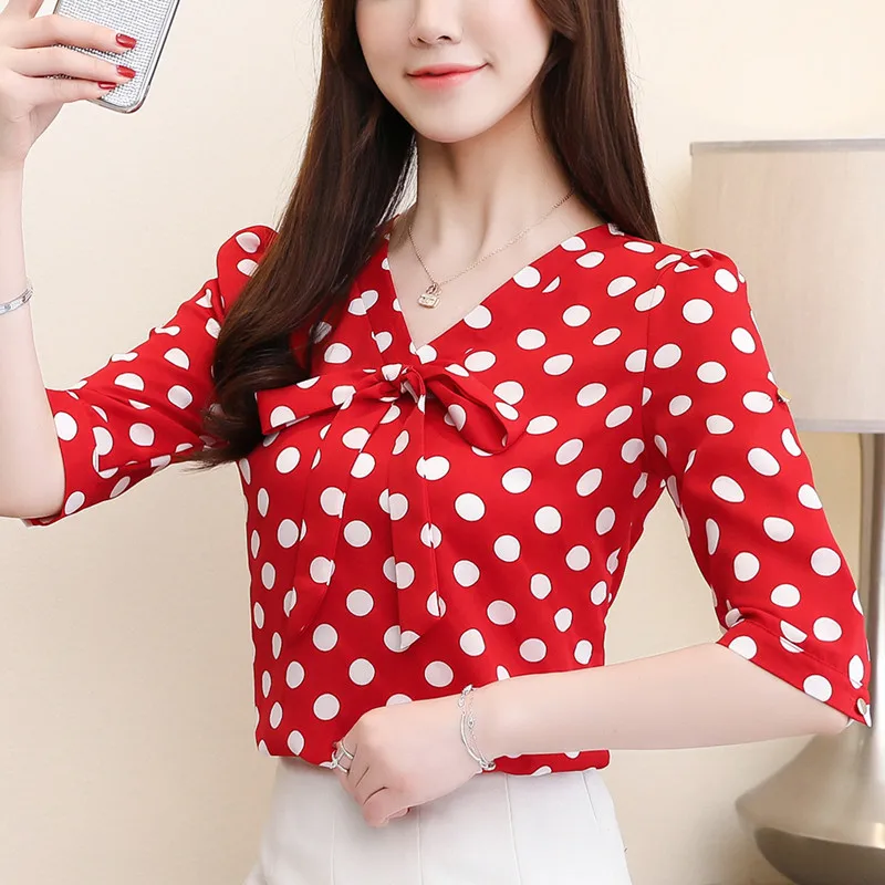 

Three Quarter Sleeve Women's Clothing Summer 2019 New Fashion Chiffon Shirt Polka Dot Women's Tops Blouses Shirt Bow Casual 73A3