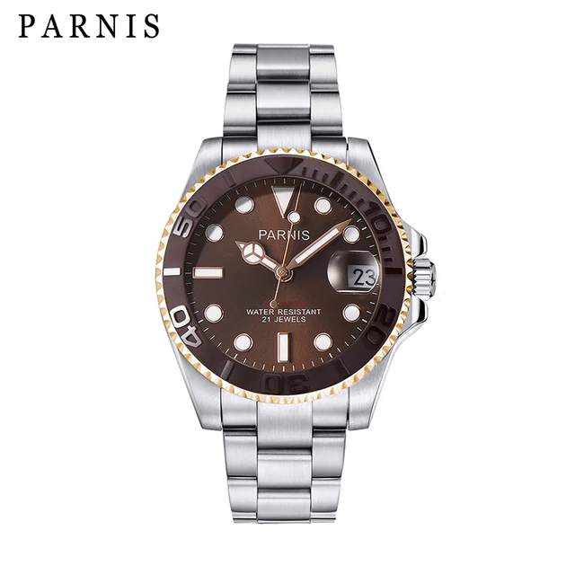 PARNIS 40MM Mechanical Men's Watches Diver Calendar Miyota 8215 Stainless  Steel Band Brown Dial Automatic Self Wind Mens Watch|Mechanical Watches| -  AliExpress