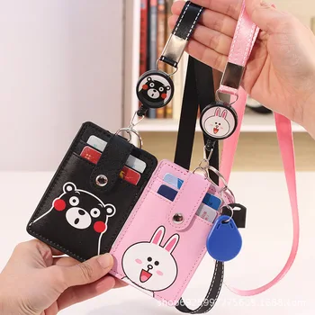 

PU Leather Work Certificate Name Badge Holder Set With Neck Lanyard Double Storage Pocket Student Meal Card Transportation Card