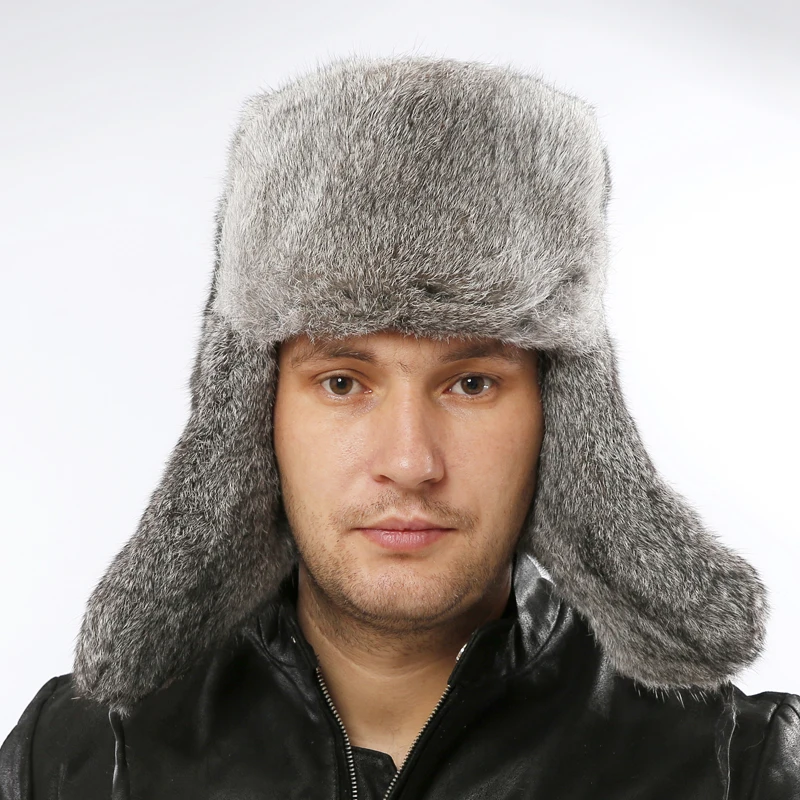 Real Fur Hats for Men Russian Winter Bomber Hat Rabbit Fur Snow Caps