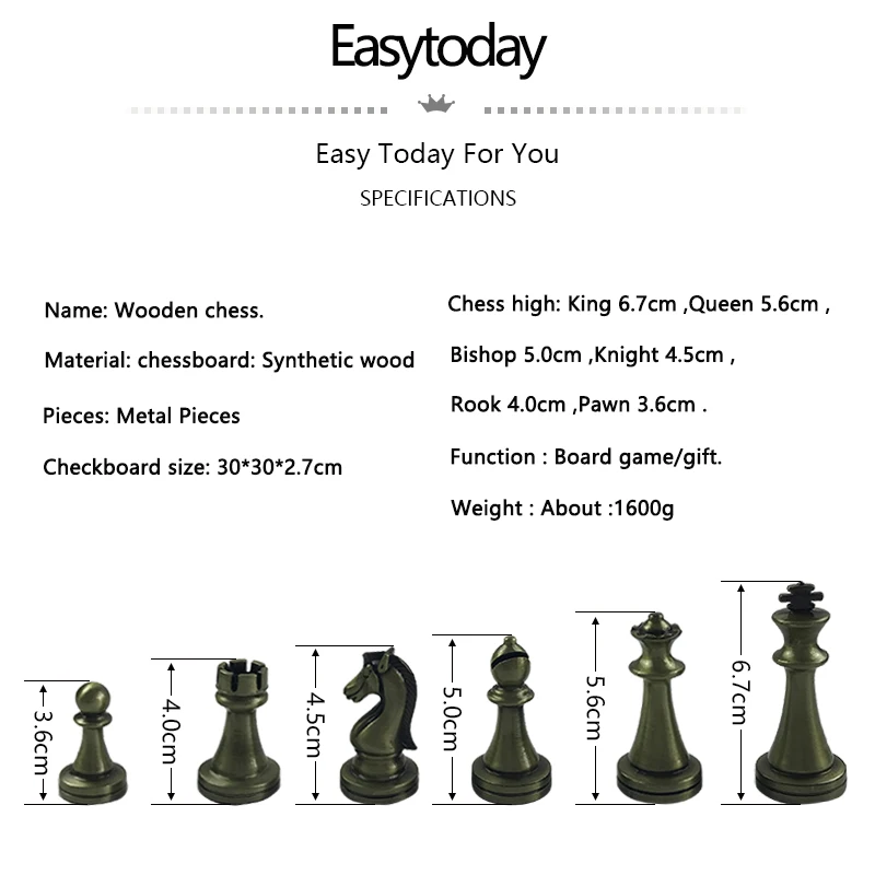 Easytoday ألعاب خشبية مجموعة المعادن الشطرنج قطع الشطرنج الدولي الصلبة الخشب طاولة الشطرنج الترفيه لعبة هدية