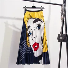 Весна и лето, женская мода, винтажный стиль, с принтом лица, с мультяшным рисунком, высокая эластичность, плиссированные, уличные, длинные женские юбки