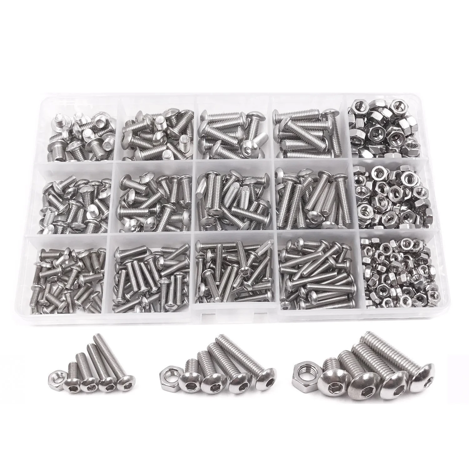 500pcs M3 M4 M5 A2 Stainless Steel ISO7380 Button Head Hex Bolts Hexagon Socket Screws With Nuts Assortment Kit