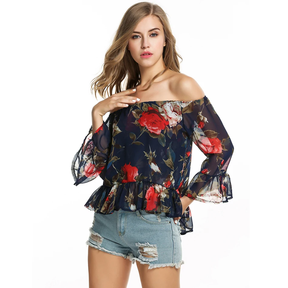 Sexy off shoulder Tops white Floral chiffon blouse shirt