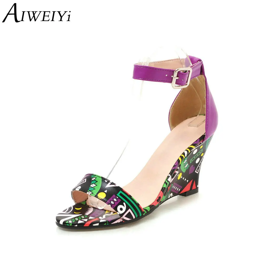 

AIWEIYi Wedge Sandals Summer Style Open Toe Ankle Straps Platform High Heel Summer Shoes Floral Print Shoes Woman
