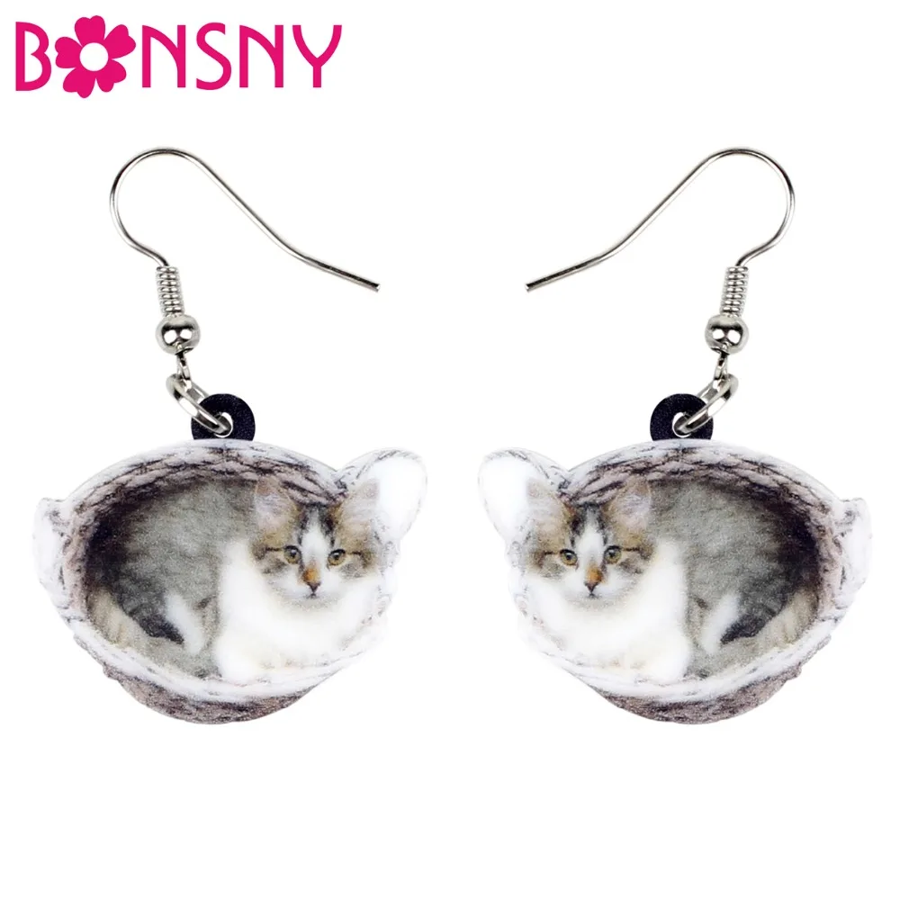 Bonsny акриловые Милые серые котята корзина для кошек серьги большие длинные