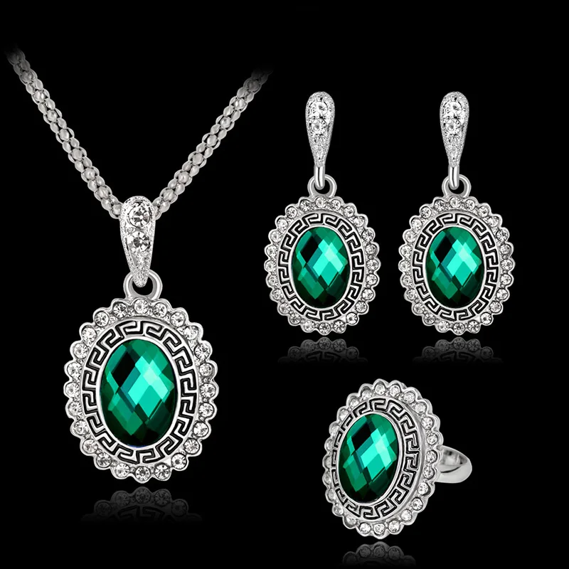 Hot Sale 4 Colors 925 Sterling Silver Jewelry Set Short Chain Charm Pendant Necklace Earring Ring Crystal for Women | Украшения и