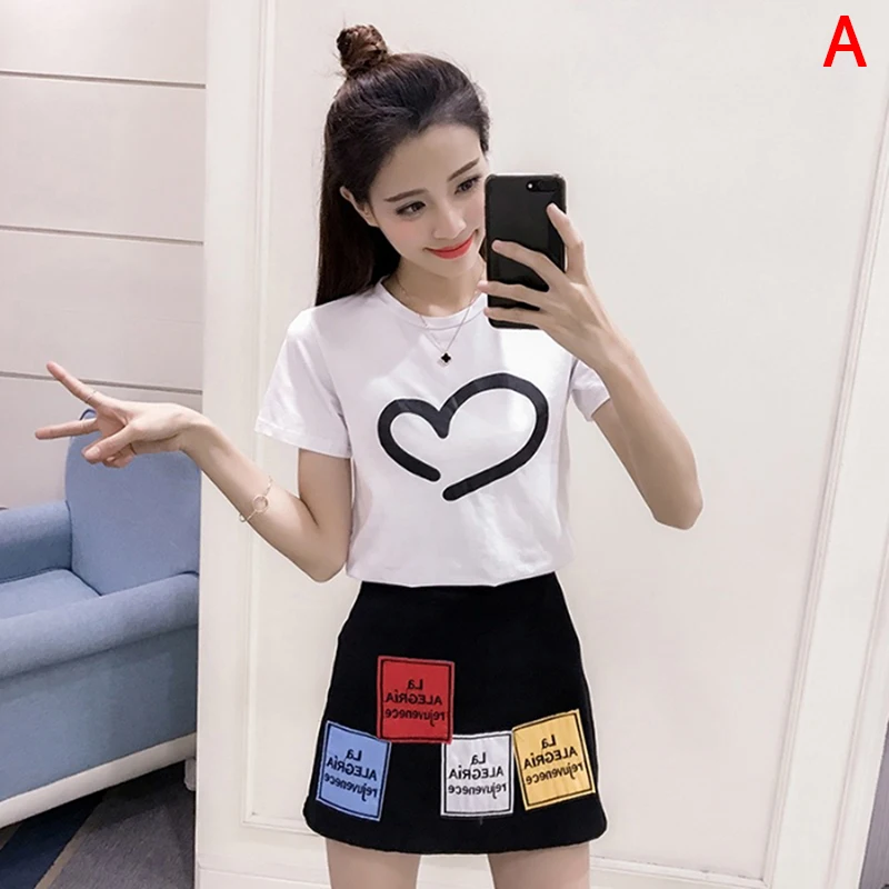

Female Sets Leisure Fashion Short Sleeve T-shirt Tops + Trenddress A-line Short Skirt Suits Summer Two Piece