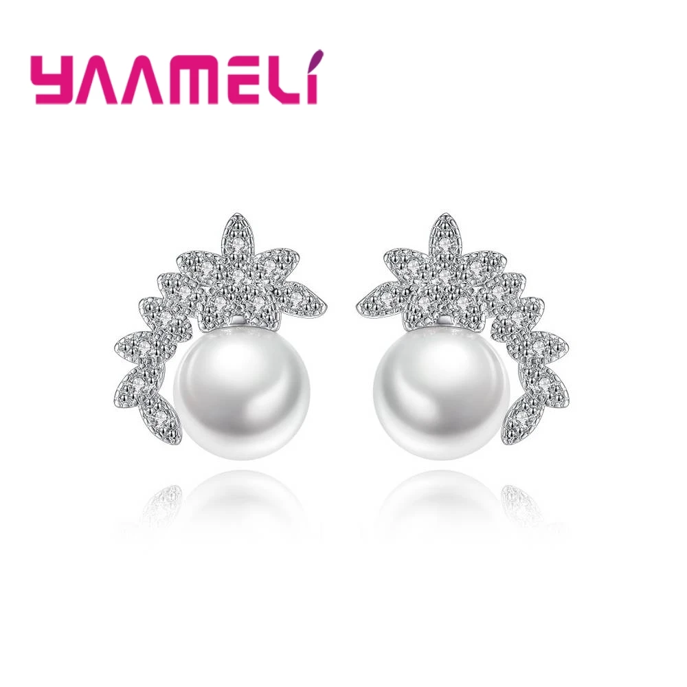 

Top Quality 925 Sterling Silver Stud Earrings Micro Paved Cubic Zirconia Stones With Pearls Fashion Women Jewelry