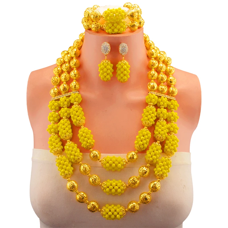 

Trendy African Yellow Beads Jewelry Sets Nigerian Wedding Costume Crystal Necklace Bracelet Jewelry Set Free Shipping