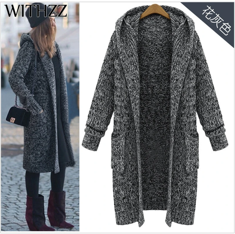 ^*Best Offers WITHZZ Autumn Winter Plus Size Women's Long Hooded Cardigan Sweater Coat Trench Coat for Women Female Cardigans Warm Jacket