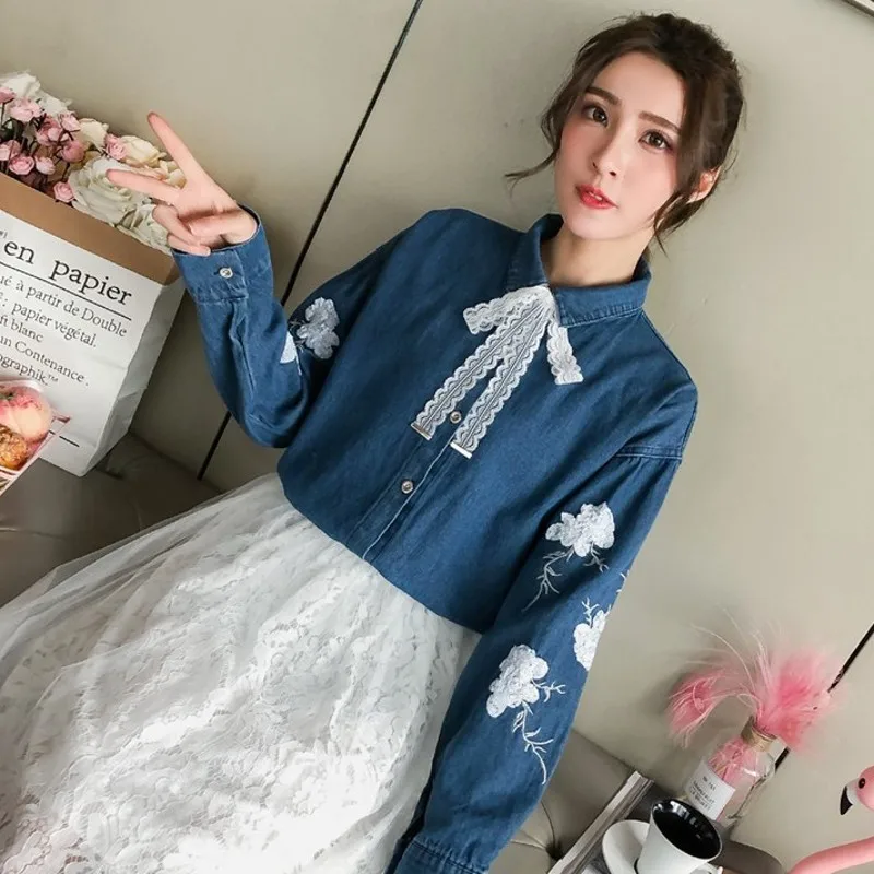 Весенняя Новинка Camisa Feminina Manga Longa вышивка кружево бант на шнуровке повседневные