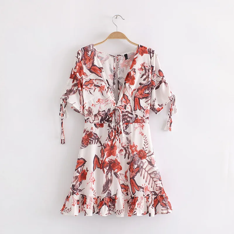 Floral Summer Dress short sleeve 2018  Slim Waist Lace Up Dress Women Backless V neck Elegant Bohemian Vestidos 10