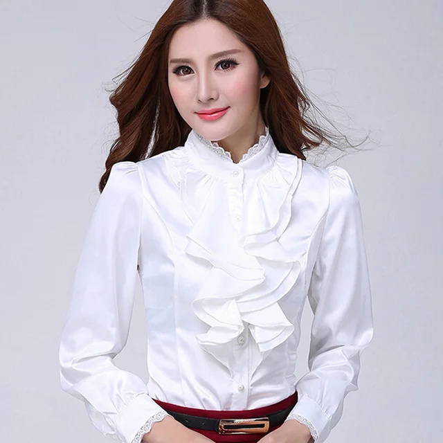 Classic Ruffled Lady White Chiffon Blouse Plus Size S 2XL OL Style