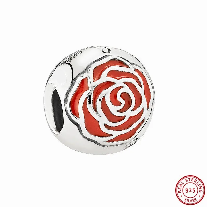 

925 Sterling Silver Desney Red Enamel Belle's Enchanted Rose Charm Beads DIY Fit PANDORA Charms for Women Jewelry Making FL192