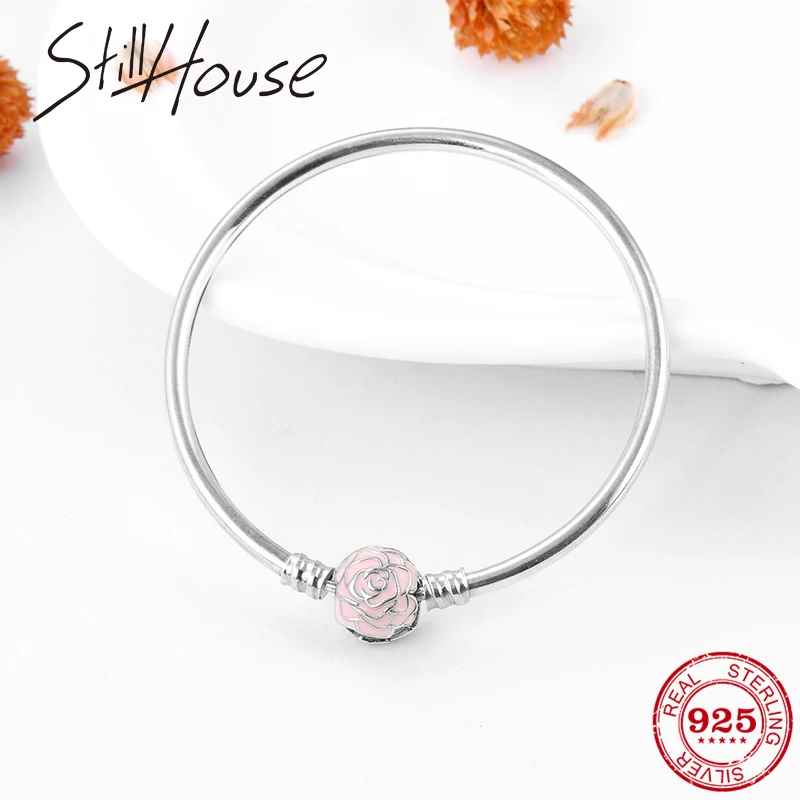 Аутентичные 925 пробы серебряный браслет розовый эмаль Роза браслет браслеты для женщин модные роскошные ювелирные изделия