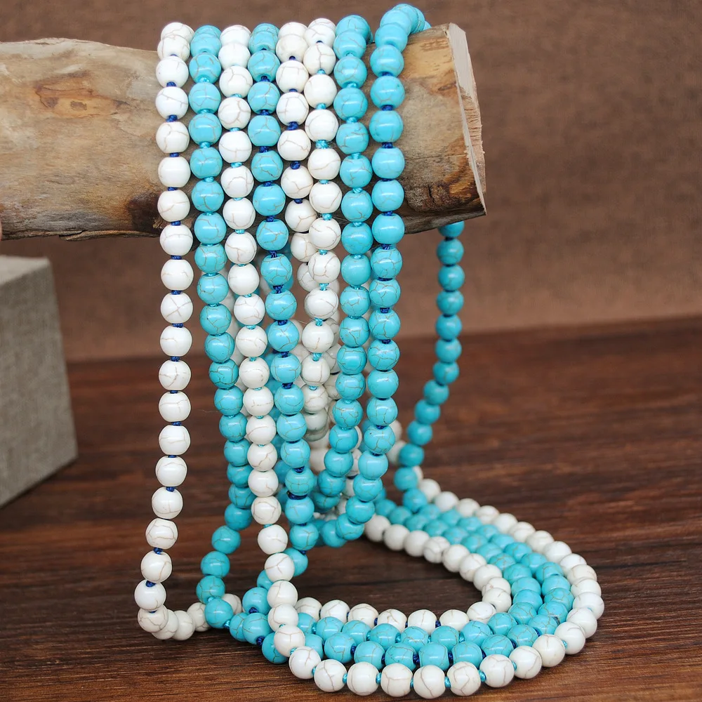 

Ethnic Hand Knotted Sweater Chain White Blue Stone Bead Synthetic Turquoises Necklace Women Long Boho Necklace Jewelry Female
