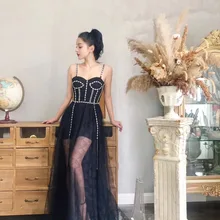 Черный Слинг Кристалл Горячая бурение Макси женщин Лето beadhed mes длина знаменитостей вечернее платье vestidos сексуальное платье+ костюм