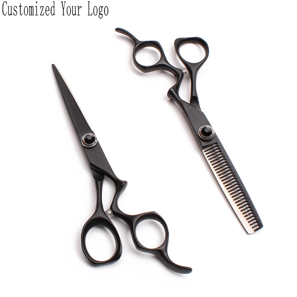 

C9016 6'' Customized Logo Black Hairdressing Cutting Shears Thinning Scissors Japan Steel 440C Professional Human Hair Scissors