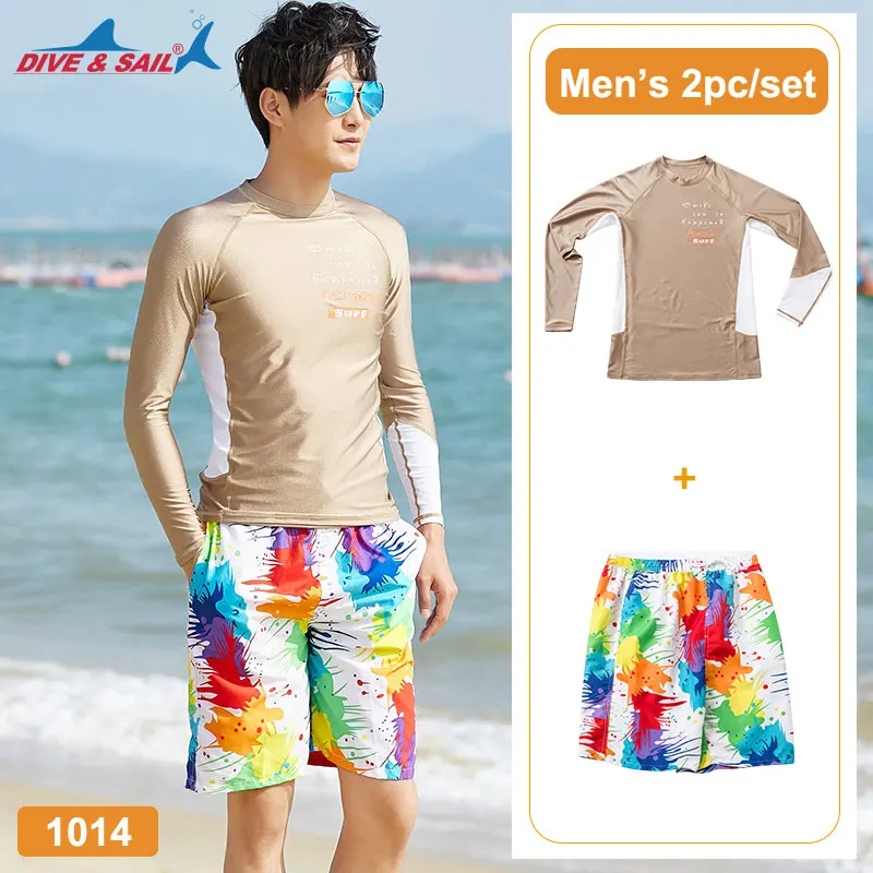 

2-Piece Set Men's Splice UV Sun Protection UPF 50+ Skins Rash Guard Long Sleeves Shirt+ Printed Trunks Swim Tee Shirt Beachwear