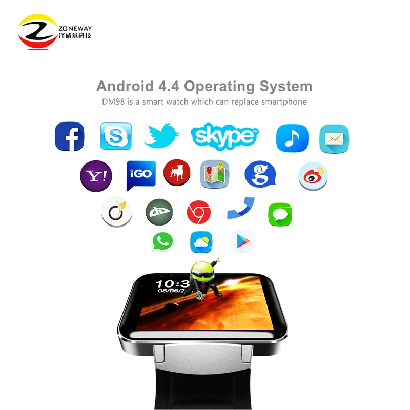  DM98 Smart watch MTK6572 Dual core 2.2 inch HD IPS LCD Screen 900mAh Battery 512MB Ram 4GB Rom Andr